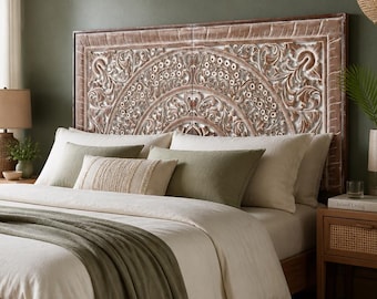 Half Hand-Carved Mandala Headboard: "Berawa" Queen Size Balinese Wood Wall Art Antique Wash 59"