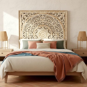 Hand Carved Mandala California King Headboard 72” | “Peony” Balinese Wood Wall Art | Antique Wash
