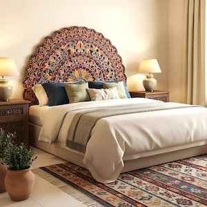 Hand-Carved California King Half-Moon Mandala Headboard 'Sri': Multicolor Boho Wall Art 72"