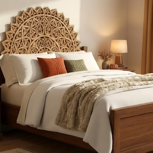 US SALE + Free Teak Mat | Hand-Carved California King Half-Moon Mandala Bed Headboard 'Mahkota': Natural Brown 72"