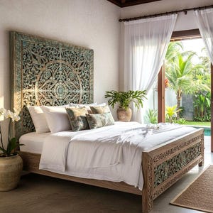 Balinese Mandala Headboard: "Samudra" Hand Carved Wood Wall Art, California King 72"