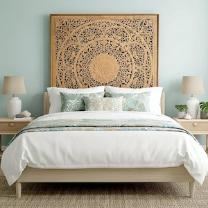 Hand Carved Super King Size Mandala Bed Headboard: "Manusa" Natural Balinese Wood Wall Art - 80"