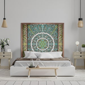 Balinese Queen Size 59&quot; Hand Carved Mandala Bed Headboard &#39;Emerald&#39; in Multicolor – Handmade Wood Decor | Boho Decorative Wall Art