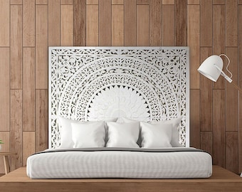 Balinese Queen Size 59&quot; Hand Carved Mandala Bed Headboard &#39;Seruni&#39; in White – Handmade Wood Decor | Boho Wall Art | Modern Farmhouse Decor