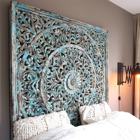 Balinesisches Queen Size Geschnitztes Mandala Bettkopfteil Dahayu  Handgeschnitzte Wanddekoration Balinesische Holzkunst Boho Bett Kopfteil