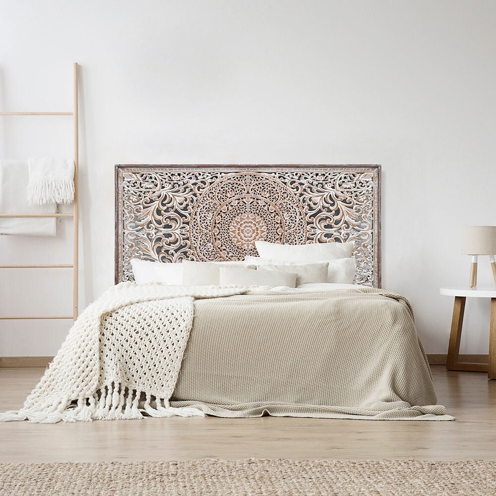 Half Queen Size Mandala Bed Head Manusa Hand Carved Wall Decor