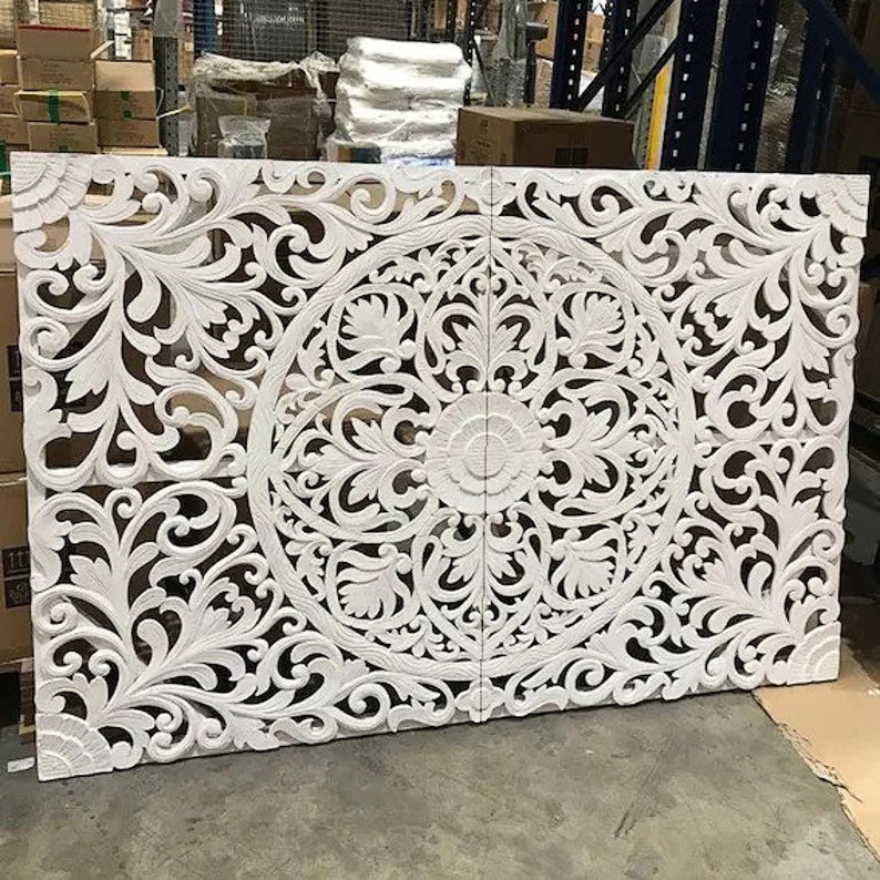 Hand Carved Queen Size Bed Mandala Headboard "murraya" : White Balinese ...