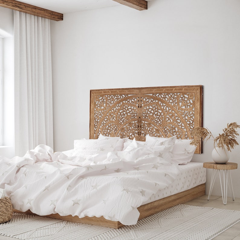 Half-Cut California King Size 72 Bed Head 'Sumber' in Natural Brown | Balinese Hand Carved Wall Decor| Boho Bed Headboard