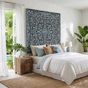 Hand Carved Queen Size Mandala Headboard: "Dahayu" Boho Blue Balinese Wall Art - 59 Inches