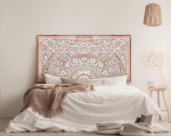 Hand Carved Queen Size 59&quot; Bed Head &#39;Sumber&#39; in Antique Wash | Balinese Hand Carved Wall Decor| Boho Bed Headboard
