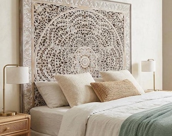 Hand Carved Mandala Headboard "Malawi" | Super King Size, Boho Wall Decor 80 Inches
