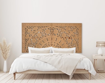 Hand Carved California King Size 72&quot; Bed Head &#39;Dianna&#39; in Natural Brown | Balinese Hand Carved Wall Decor| Boho Bed Headboard