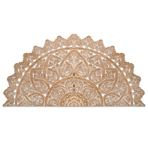 Hand-Carved California King Size Half-Moon Mandala Bed Headboard &quot;Mahkota&quot; in Antique Wash – 72&quot; Boho Wall Art