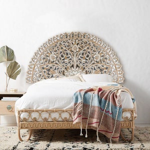 Hand carved Queen Size Half-moon Mandala Bed headboard 'Serupa' in Antic Wash - 60 inches