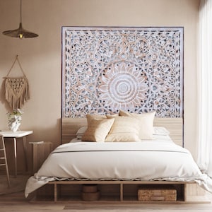 Hand Carved California King Size Mandala Headboard 72&quot; – Balinese Wood Wall Art | Boho Antic Wash Bed Decor | Handmade Raflessia Wall Panel