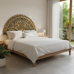 Hand-Carved California King Half-Moon Headboard 'Serupa' : Gold Antique Boho Bed Decor 72"