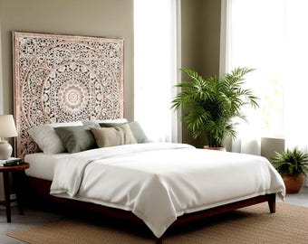 Hand Carved Queen Mandala Headboard | Manusa Antic Wash Boho Décor 59”