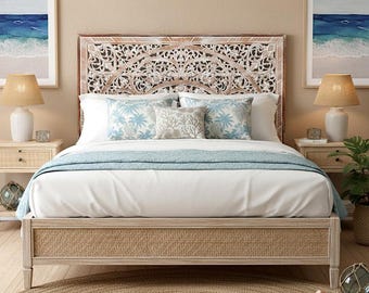 Cabecero de cama California King tallado a mano con diseño de mandala: "Sumber", mandala balinés con acabado envejecido de 72 x 36 pulgadas.