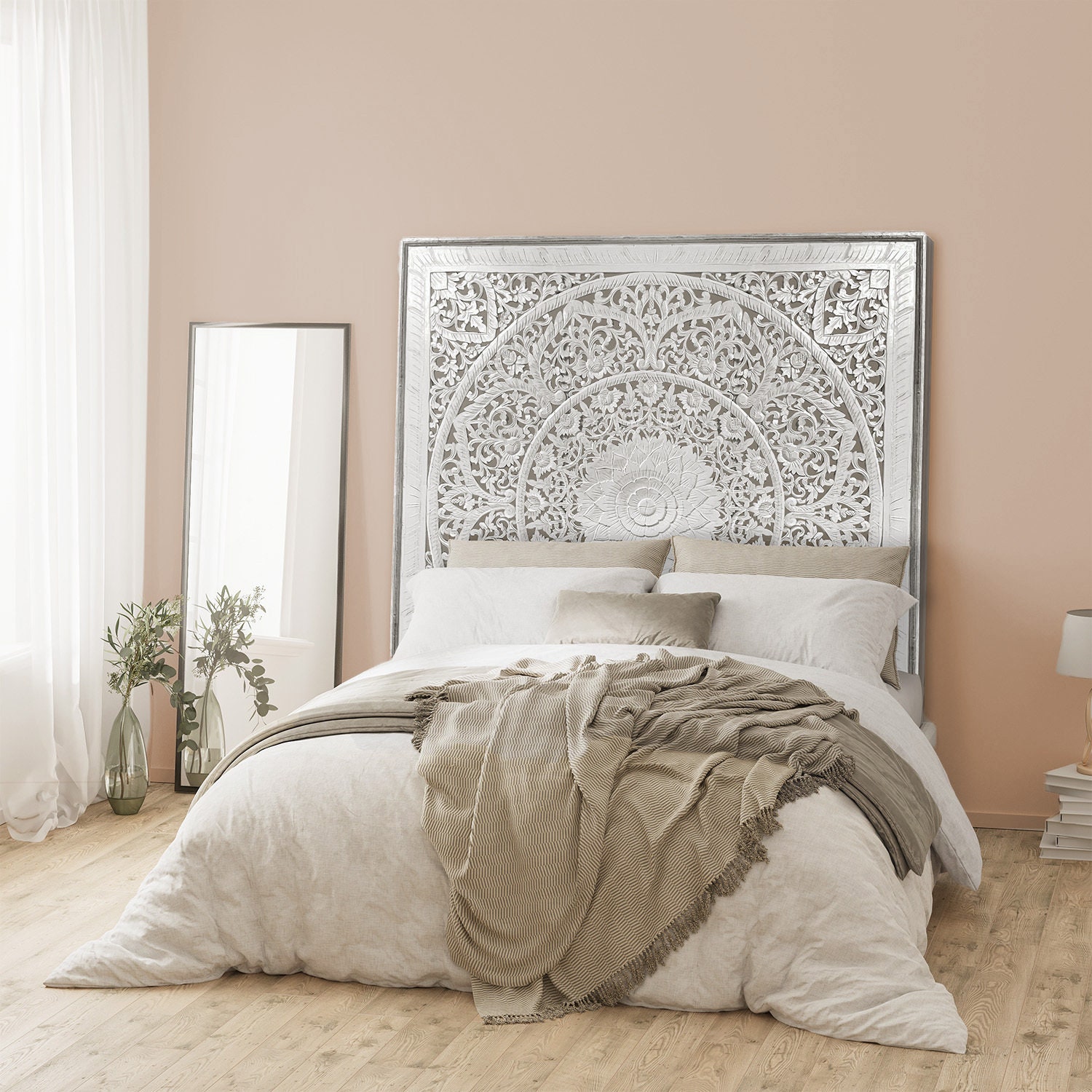 Balinese California King Size 72" Carved Mandala Bed Headboard 'Manusa' in White Wash – Hand-Carved Wood Decor | Boho Decorative Wall Art