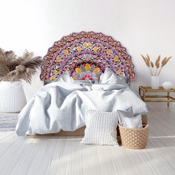 Hand Carved Queen Size Half-moon Mandala Bed Headboard Sri