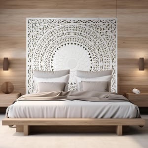 Balinese California King Size 72&quot; Carved Mandala Bed Headboard &#39;Seruni&#39; in White – Hand-Carved Wood Decor | Balinese Decor Wall Art