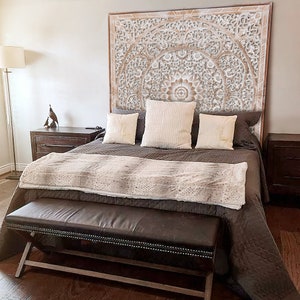 Queen Size Mandala Bed headboard Manusa | Hand Carved Wall Decor | Balinese Wood Wall Art | Boho Bed Headboard | Tropical Home