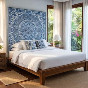 Cabecero de cama Queen Mandala tallado a mano de 59” / Cabecero de cama estilo bohemio balinés / Decoración de pared de madera con acabado azul