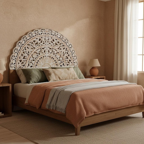 Hand Carved Half-moon California King Mandala Headboard 72” | “sri