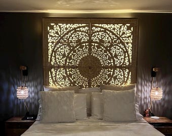 Balinese Queen Size 59&quot; Carved Mandala Bed Headboard &#39;Manusa&#39; in Antique Wash – Hand-Carved Wood Decor | Boho Decorative Wall Art
