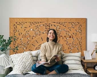 Hand Carved Queen Size 59&quot; Bed Head &#39;Dianna&#39; in Natural Brown | Balinese Hand Carved Wall Decor| Boho Bed Headboard