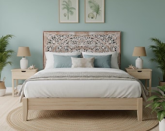 Cabecero de cama Queen tallado a mano con diseño de mandala: Decoración de pared balinesa con diseño de mandala "Sumber" - 59"