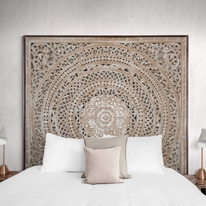 Hand Carved Queen Size Mandala Bed headboard Kusuma | Bohemian decor | Hand Carved Decor | Balinese Decorative Wall Art | Carved Bed Head