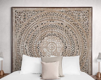 Hand Carved Queen Size Mandala Bed headboard Kusuma | Bohemian decor | Hand Carved Decor | Balinese Decorative Wall Art | Carved Bed Head