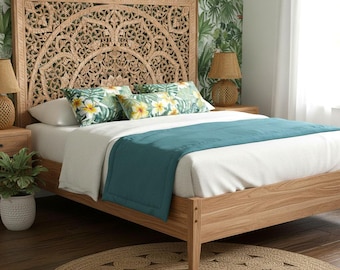 US SALE + Free Teak Mat | Hand Carved California King Headboard, Manusa Half Cut, Natural Brown Boho Wall Décor – 72”