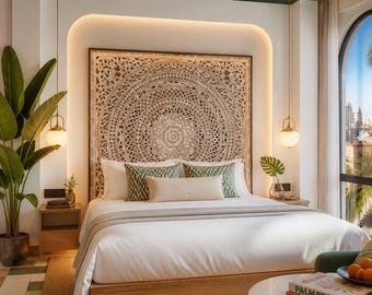 May include: A bedroom featuring a large, intricate, light-brown carved wooden headboard with a circular mandala pattern. The bed has white bedding, two green patterned pillows, and a long beige bolster pillow. Two pendant lights hang above nightstands.