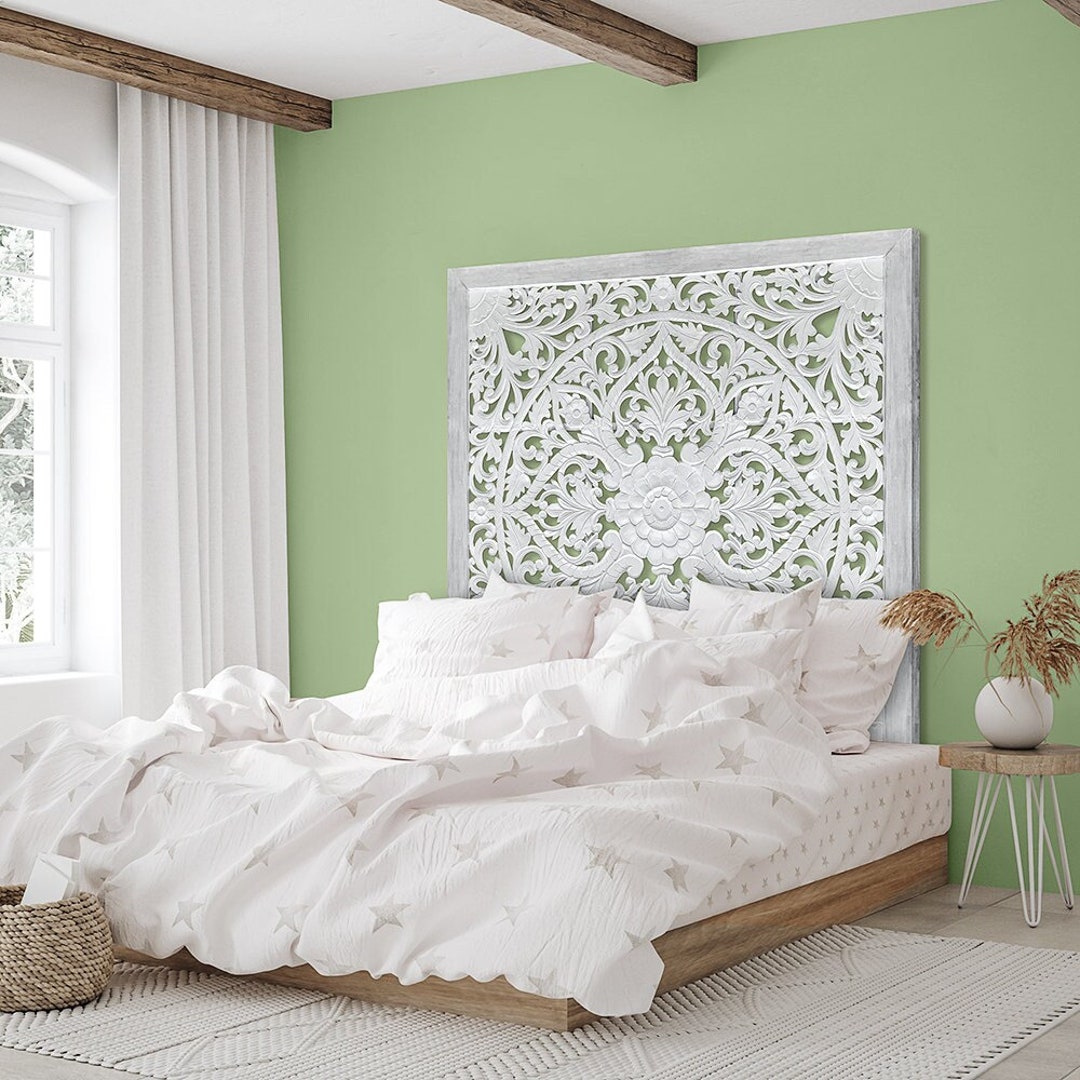 King Size Carved Mandala Bed Headboard Teratai Hand Carved Decor