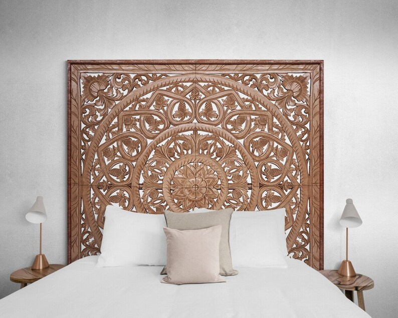 King Size Mandala Bed headboard Sidemen | Tropical Home Decor | Hand Carved Decor | Balinese Decorative Wall Art | Carved Bed Headboard 