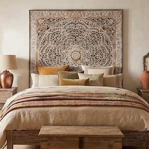 Hand Carved Mandala Bed Headboard "Malawi" | Super King Size, Boho Wall Decor 80 Inches