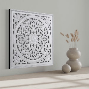Hand-Carved Balinese Boho Wall Decorative Panel &#39;Sumatra&#39; in White Wash – 20&quot; Square Wood Art | Boho Home Decor