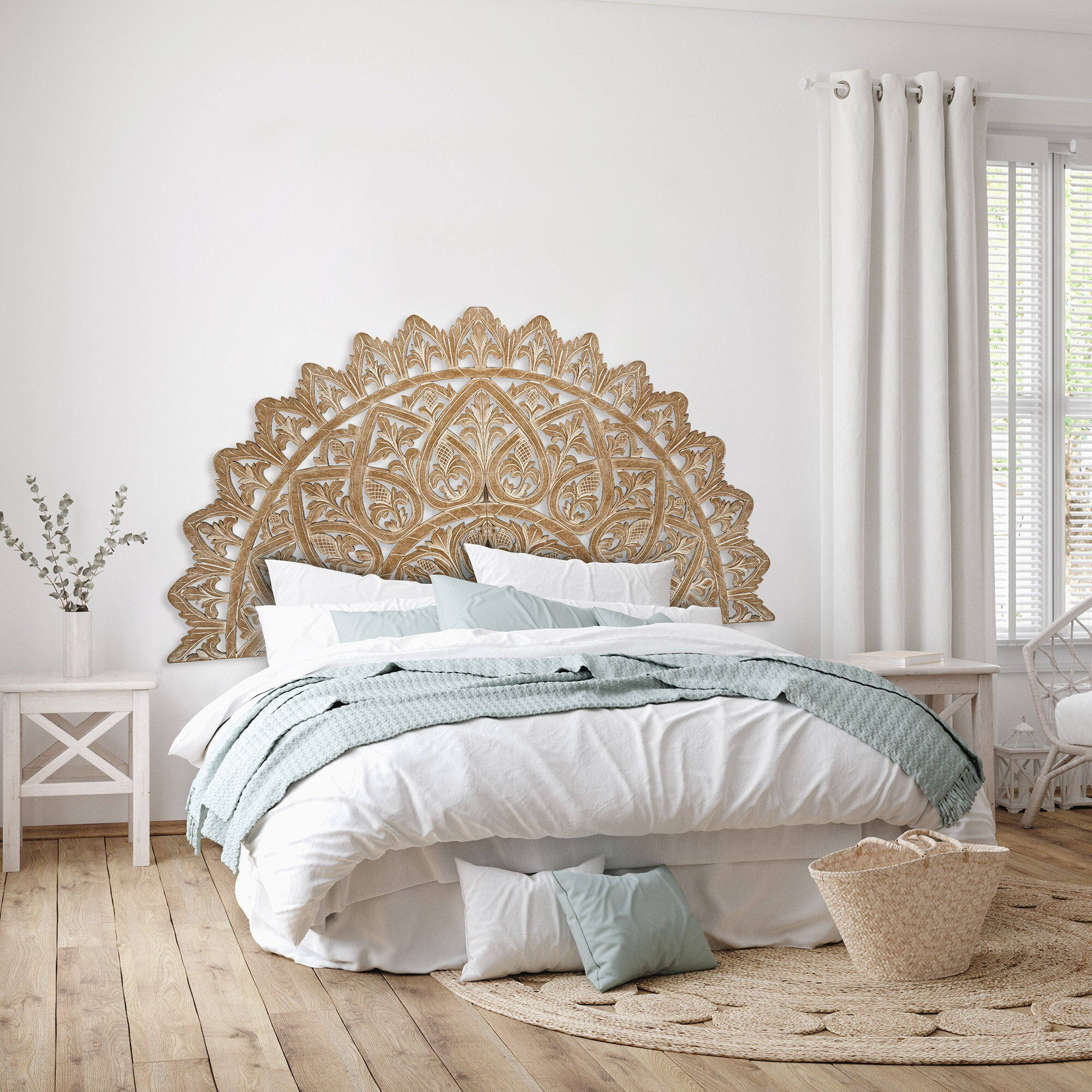 Hand Carved Queen Size Half moon Mandala Bed Headboard Mahkota in