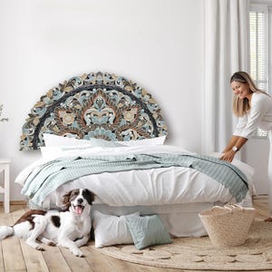 Hand-Carved King Size Half-Moon Mandala Bed Headboard &quot;Ayunina&quot; in Multicolour in Blue Pastel Finish – 72&quot; Boho Wall Art | Farm House Decor