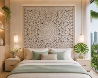 Hand Carved Mandala Headboard 'Raflessia'- Antique Wash Balinese Wood Wall Art, California King - 72 Inches