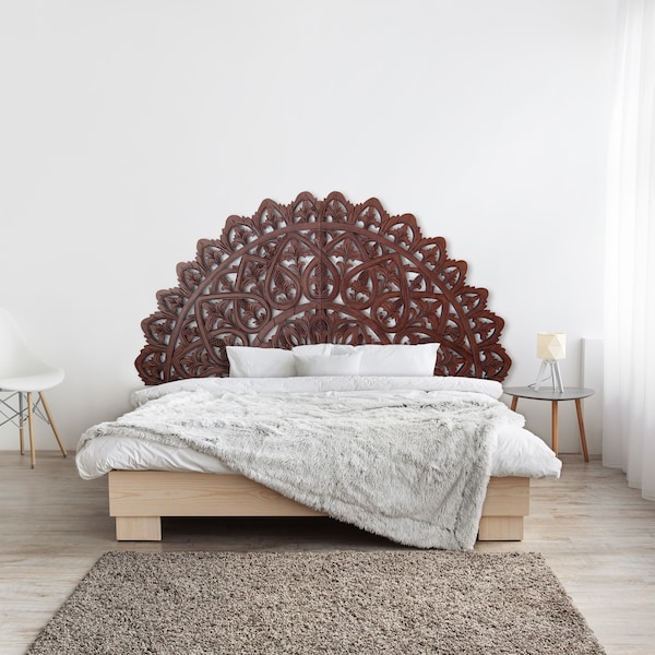 Hand carved Queen Size Half-moon Mandala Bed headboard Mahkota in Brown - 59 inches wide