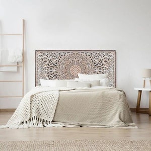 Half California King Size 72&quot; Hand Carved Mandala Bed Headboard &#39;Manusa&#39; – Handmade Wood Decor | Boho Decorative Wall Art
