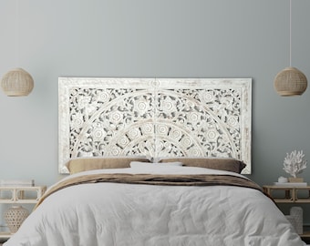 Hand Carved Queen Size 59&quot; Bed Head &#39;Dianna&#39; in White Wash | Balinese Hand Carved Mandala Wall Decor| Boho Bed Headboard