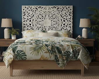 Hand Carved California King Mandala Headboard "Murraya" : White Balinese Mandala Wall Decor - 72 Inches