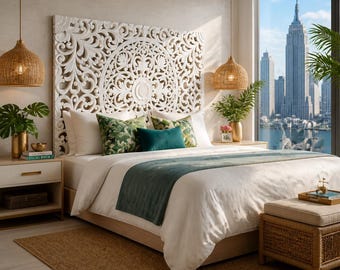 May include: A large white rectangular headboard featuring intricate carved floral and circular patterns. The bed is dressed in white linens with a dark green runner, two green patterned pillows, and one solid dark green rectangular pillow.