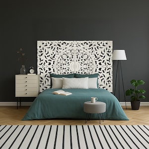 Hand Carved Queen Bed Headboard: White Balinese Mandala Wall Decor - 59 Inches
