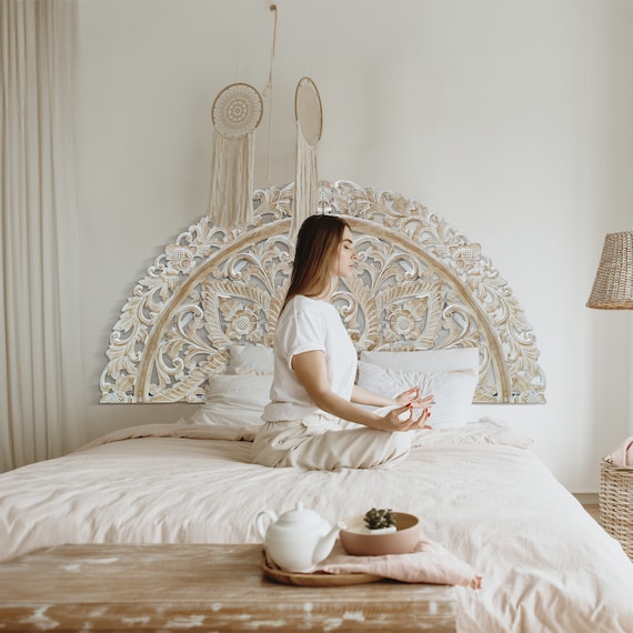 Hand Carved King Size Half moon Mandala Bed Headboard Ayunina in Antic Wash 72 Inches Etsy