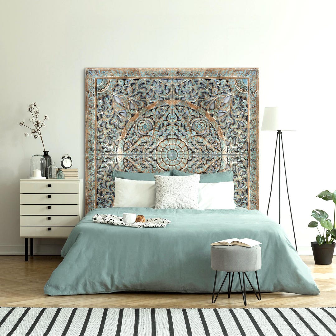Balinese California King Size Mandala Headboard 'Samudra' 72 | Hand Carved Wood Wall Art | Boho Bed Headboard | Carved Balinese Wall Decor